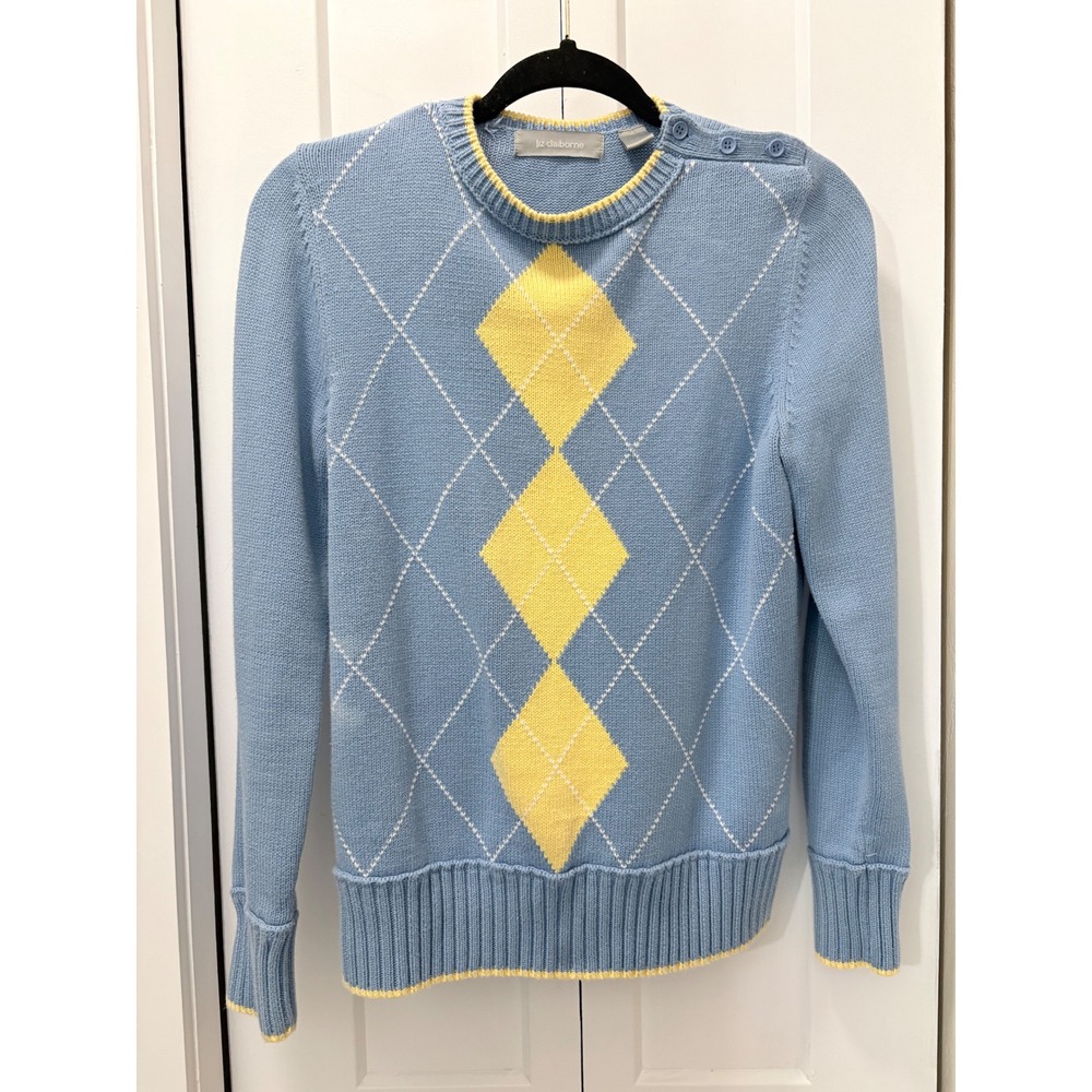 Liz Claiborne Womens Blue Argyle Cotton Knit Sweater Button Shoulder Size M